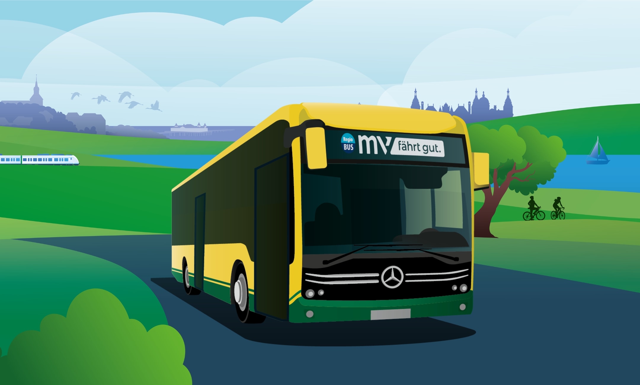 Illustration eines gelb-grünen MV-Busses mit der Anzeige ‚MV fährt gut‘ in einer grünen Landschaft.