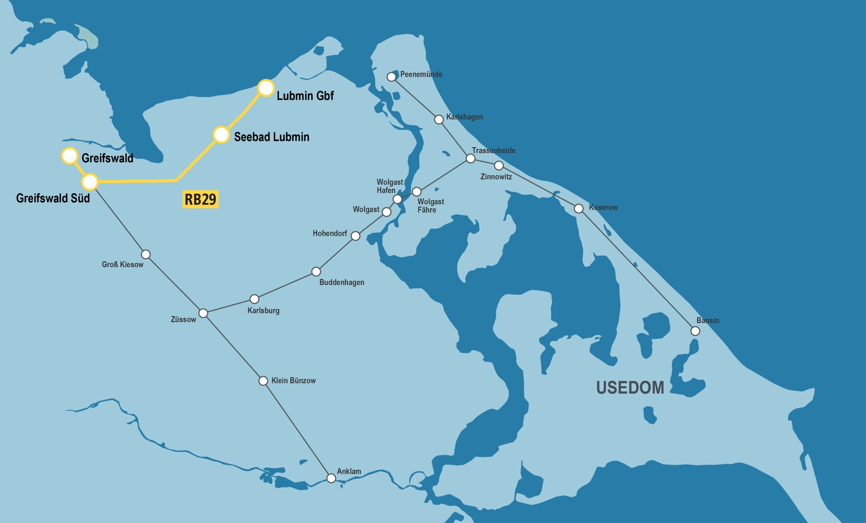 Karte der Sommerlinie RB29: Direktverbindung von Greifswald und Greifswald Süd über Seebad Lubmin nach Lubmin Gbf. Von Wolgast bestehen Bahnanschlüsse auf die Insel Usedom mit Halten unter anderem in Zinnowitz, Koserow und Bansin.